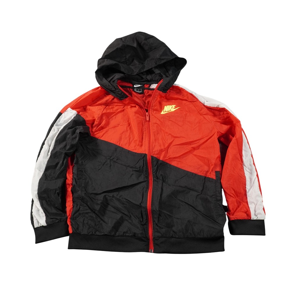 Nike Windbreaker Kids XL Red Black White Hooded Full Zip Colorblock Jacket